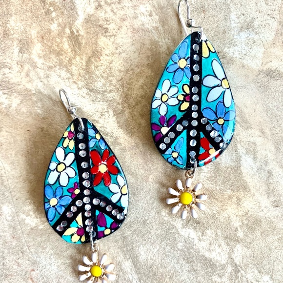 PEACE signs Bright Flower 60’s Original Handpainted Earrings Sterling - Picture 3 of 3